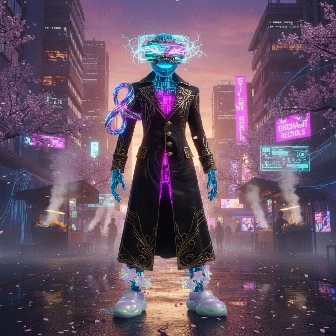 A cyan and magenta AgentLux Luxy standing in a futuristic city